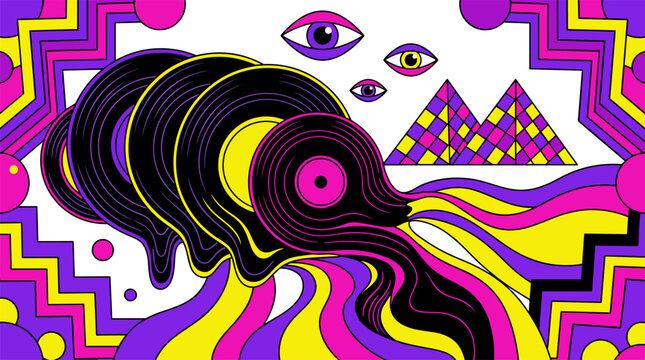 Concentric Melting Vinyl Records and Geometric Eyes Pop Surrealism Flat Illustration with Bold Outlines