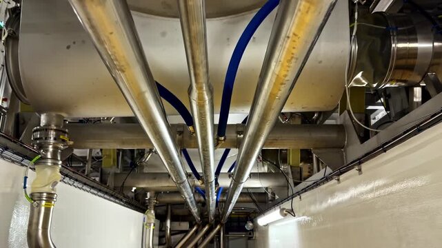 Smooth gimbal shot glides forward along converging stainless steel insulated pipes with blue hoses and brass fittings inside industrial food processing corridor