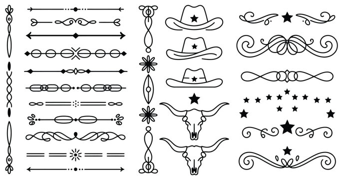 Old western decorative line dividers vector set, vintage ornamental border elements with rustic cowboy motifs for branding, menus, posters, packaging, and retro style graphic design.