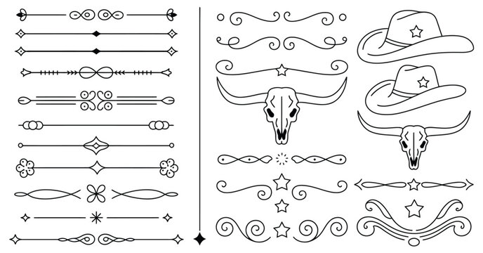 Old western style decorative line dividers vector set, vintage ornamental border elements with rustic cowboy inspired designs for typography, branding, menus, posters, and retro graphic compositions.