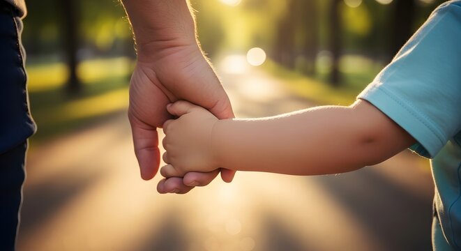 Father and child holding hands in a park at sunset