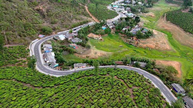 Wide cinematic aerial of Valparai highlighting a curving hillside road, textured tea gardens, and layered plantation slopes creating depth and natural beauty.