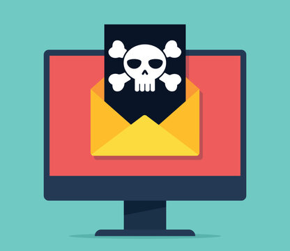 A monitor with an envelope infected with a virus. Correspondence with the virus infects the device on which it is opened. Data is intercepted by a hacker via email. Vector illustration in flat design 