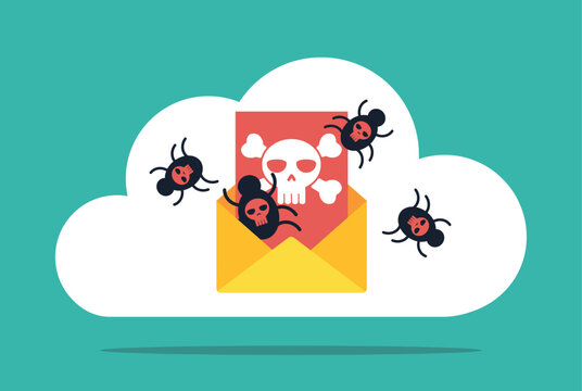 Vector illustration in flat design style. A data cloud infected with computer worms. Black computer bugs with a skull and crossbones emerge from a yellow virus envelope.