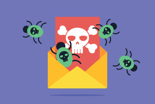 Email infected with computer bugs . A virus-laden envelope with green computer bugs emerging from it. Vector illustration in a flat design style.
