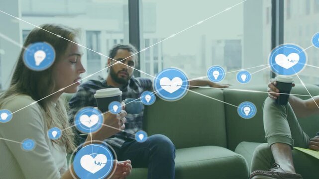 Blue heart icon popping and sending links while team of 3 sitting sipping mapping business links