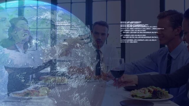 Business team celebrating and toasting wine glasses after gesturing, digital globe and code merging