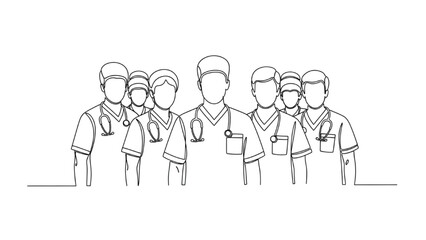 Continuous line drawing of a diverse group of medical professionals standing together © Stock Image Paradise