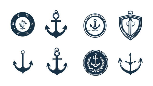 Collection of eight navy-themed graphical elements including anchors, ships, and shield illustrations
