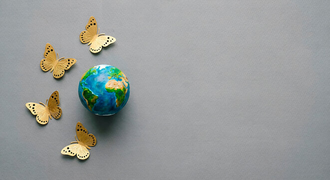 Minimalist Earth Day concept with globe and gold butterflies. Flat lay composition with copy space for sustainable environment.