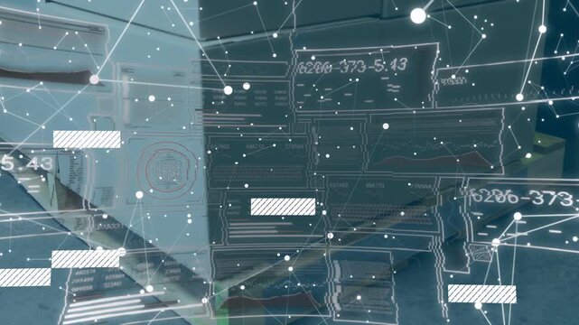 Cabinet in IT room animated HUD appearing over it for diagnostics filling bars labeling units