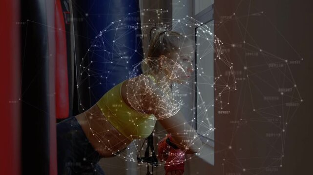 Woman leaning on sill after set, shifting weight and resetting gloves, net overlay pulsing, resting