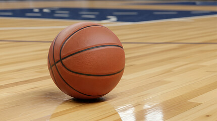 Naklejka premium Basketball Ball on Court Surface with Bokeh Effect, Sport Game Concept with Copy Space Background