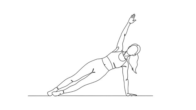 Continuous line drawing of a woman in a side plank yoga pose on the floor
