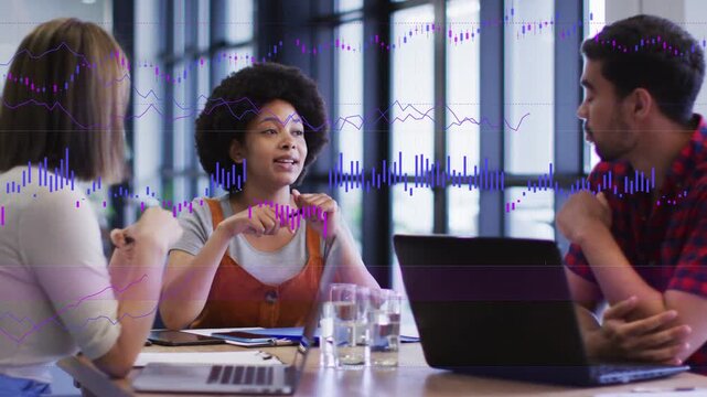 Starting meeting center speaker explaining idea at table in orange while waveform rising