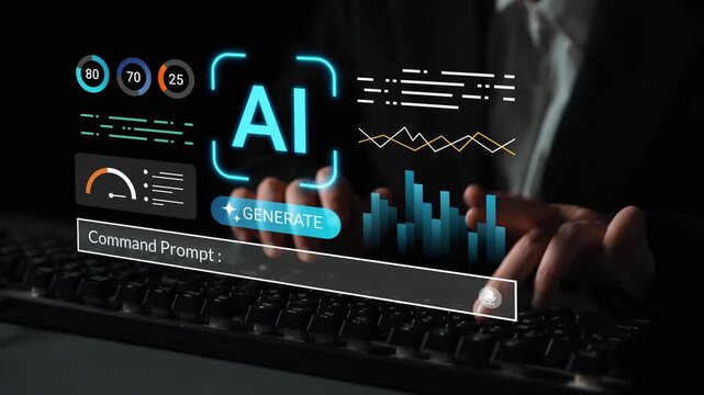 Hands typing on keyboard with futuristic AI interface displaying data analytics and command prompt in dark room atmosphere Gluon.