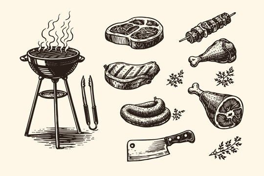 BBQ food doodle icon set vector illustration with grill, steak, sausage, skewer, cleaver and chicken