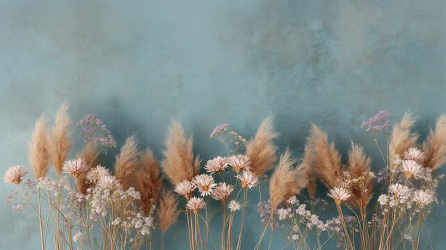 Arrangement of dried flowers and pampas against a teal textured background