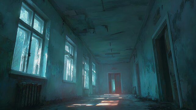 Dilapidated hospital corridor, digital illustration, eerie and decaying interior