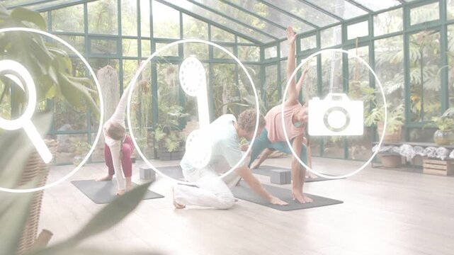 Vertical video: Instructor placing hand by student's foot guiding pose, causing UI icons sliding