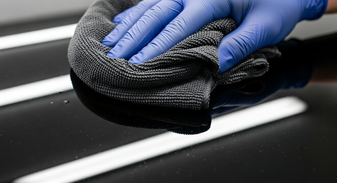 Closeup of a gloved hand holding a microfiber cloth cleaning a shiny black surface with water droplets transparent background