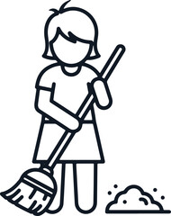 Fototapeta premium Woman sweeping with broom collecting dirt pile domestic chore household task hygiene cleaning up floor.