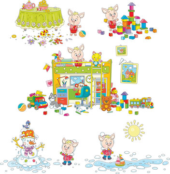 Little piglet playing with toys in its playroom, walking in a spring park with melting snow, romping near a table with a vase in a kitchen, a set of vector cartoon illustrations