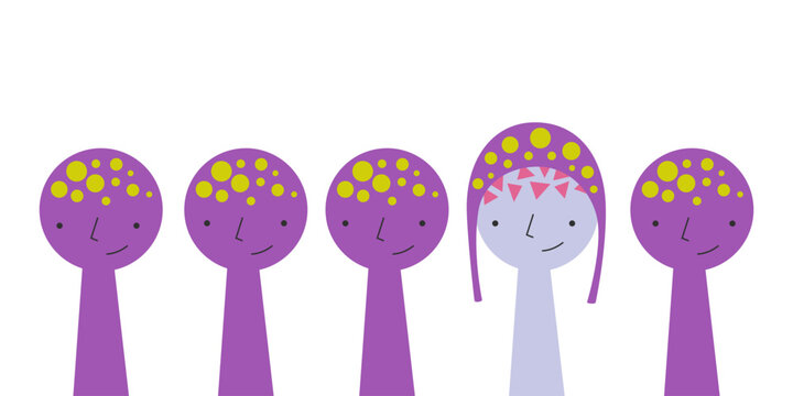 Neurodiversity concept. Masking and hidden differences. Group of similar people with one person different inside, symbolizing autism, ADHD and invisible diversity, identity and inclusion in society.