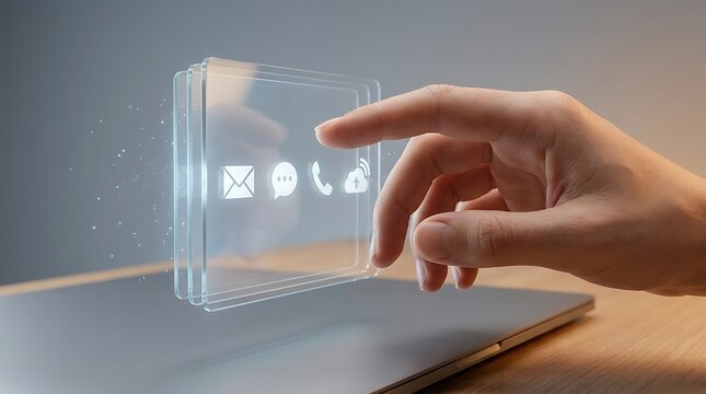 Tangan menyentuh ikon komunikasi digital modern pada layar transparan