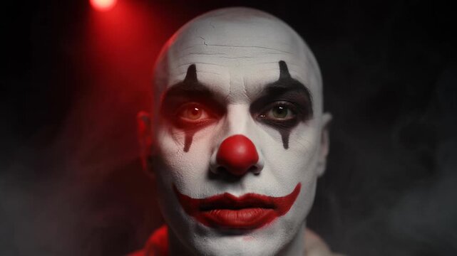A chilling portrait of a horror clown with piercing eyes and a painted face, evoking fear and unease