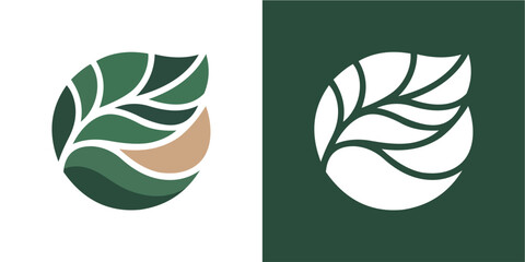 A stylized, abstract leaf logo is presented in two variations: one in shades of green and beige on a white background, and a monochrome white version on a dark green backdrop. Ideal for eco-friendly b © dwi