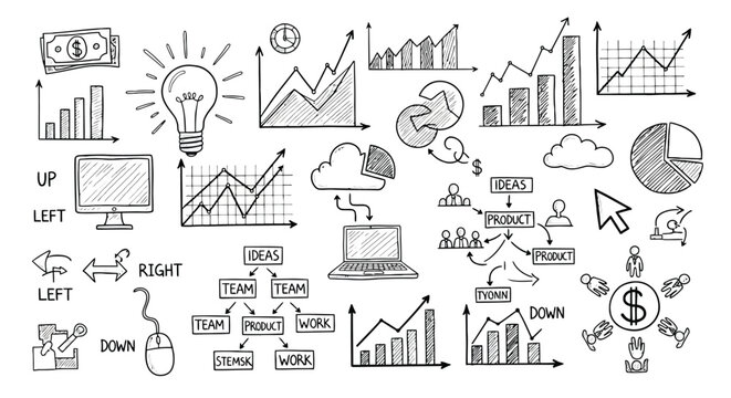 Vector illustration of handdrawn business and finance doodle icons set