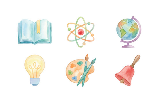 Watercolor Education and School Supplies Icon Set