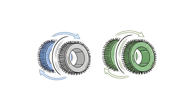Illustrative diagram showing two sets of interlocking cylindrical gears with directional arrows indicating rotation transparent background