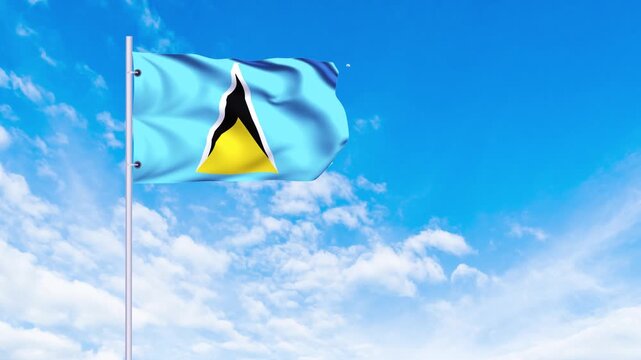 Flag of Saint Lucia Waving in the wind, blue sky with clouds Background, Slow Motion, Realistic Animation, 4K