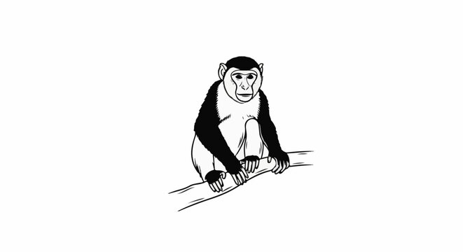 A black and white sketch of a monkey with white face and black back on a branch