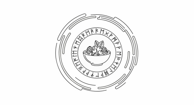 A stylized circular emblem with runes encircling a bowl of berries