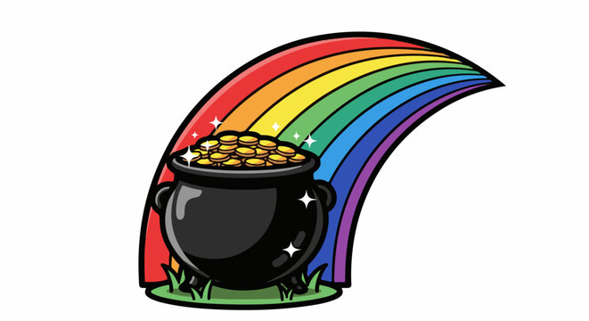 Black pot overflowing with gold coins at the end of a vibrant rainbow