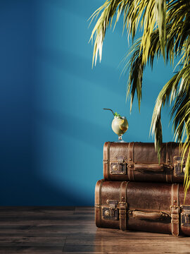 Summer travel. Vintage leather luggage with palm tree on blue background with copy space. 3D Rendering, 3D Illustration