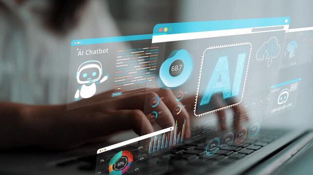 Person Using Laptop to Interact with AI Chatbot on Digital Interface with Graphs and Data Visualizations Sigmoid