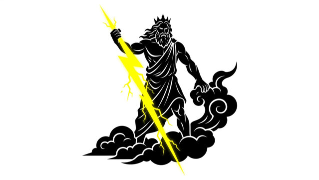 Silhouette of Zeus Holding Lightning Bolt with Clouds