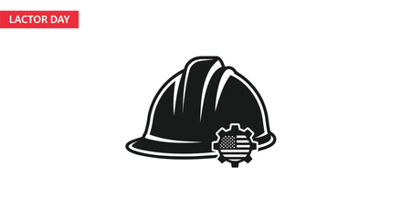 Fototapeta premium Labor Day construction hard hat vector, industrial safety helmet with American flag gear icon, black and white work safety equipment illustration
