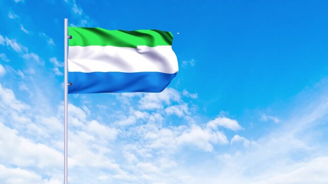 Flag of Sierra Leone Waving in the wind, blue sky with clouds Background, Slow Motion, Realistic Animation, 4K