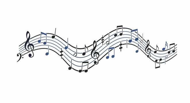 Wavy musical staff adorned with black and blue notes and clefs