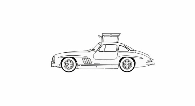 Vintage sports car with distinctive gull-wing doors, side view