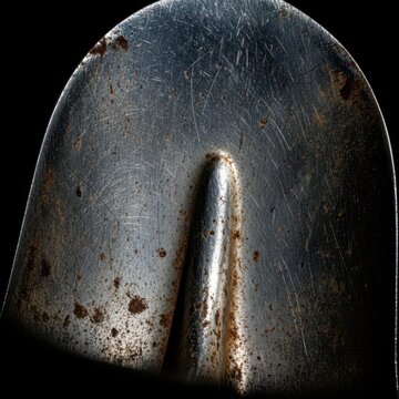 Close-up view of the concave interior curve of a used metal digging shovel, highlighting the industrial steel texture and shadows, hardware, industrial, maintenance