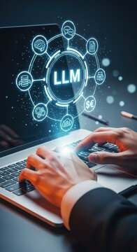Professional developer working with large language model llm AI interface on laptop computer, artificial