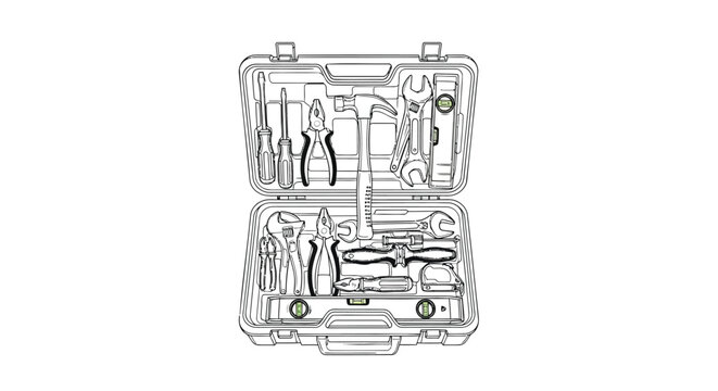 Professional tool box line art vector, open hardware toolkit with hammer and screwdrivers, industrial equipment set for home repair and construction