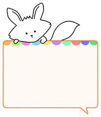 Obraz premium Cute white fox peeking over a colorful rainbow speech bubble frame