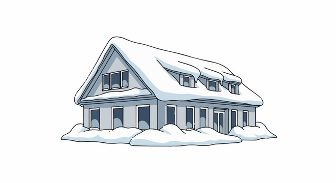 A charming snow-covered house with dormer windows and snowdrifts